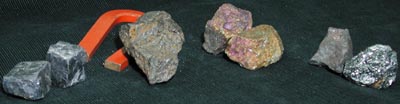 Left to right: Galena; Magnetite; Bornite; Hematite