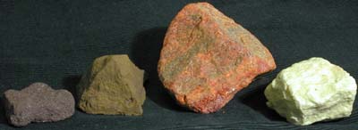 Left to right: Hematite; Limonite; Realgar; Sulfur
